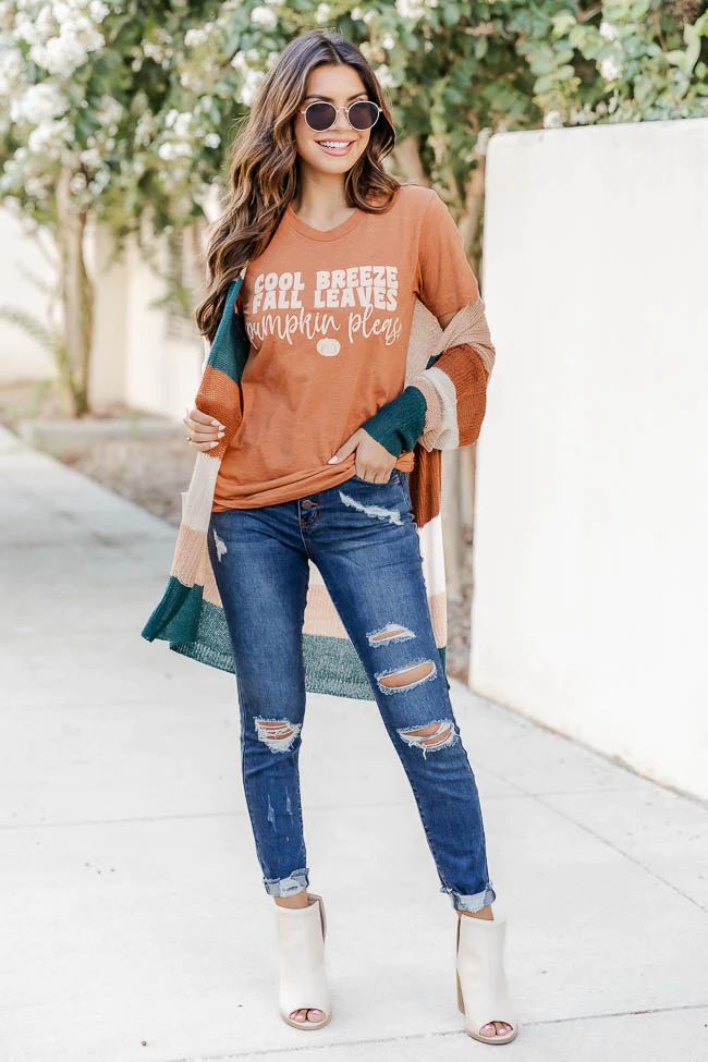 Cool Breeze Fall Leaves Pumpkin Please Burnt Orange Graphic Tee | Pink Lily