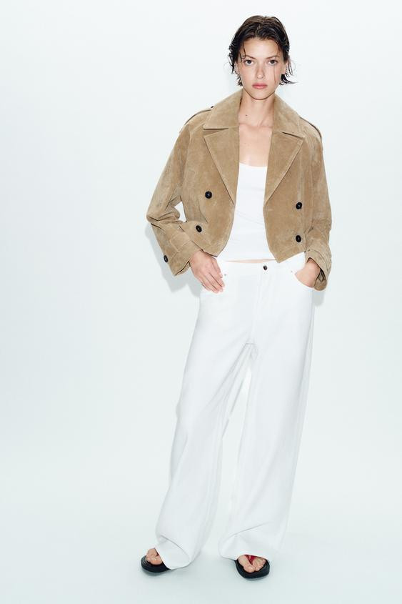 Zara - Cropped Double Breasted 100% Leather Trench - Dark Khaki - Xs - Woman | Zara US