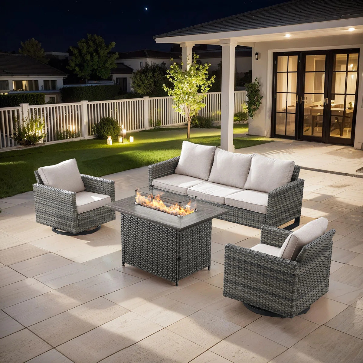 Naresa 4-Piece Outdoor Sofa Set, Wicker Patio Furniture Set With Fire Pit Table, All-Weather PE W... | Wayfair North America