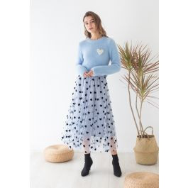 3D Heart Double-Layered Mesh Maxi Skirt in Blue | Chicwish
