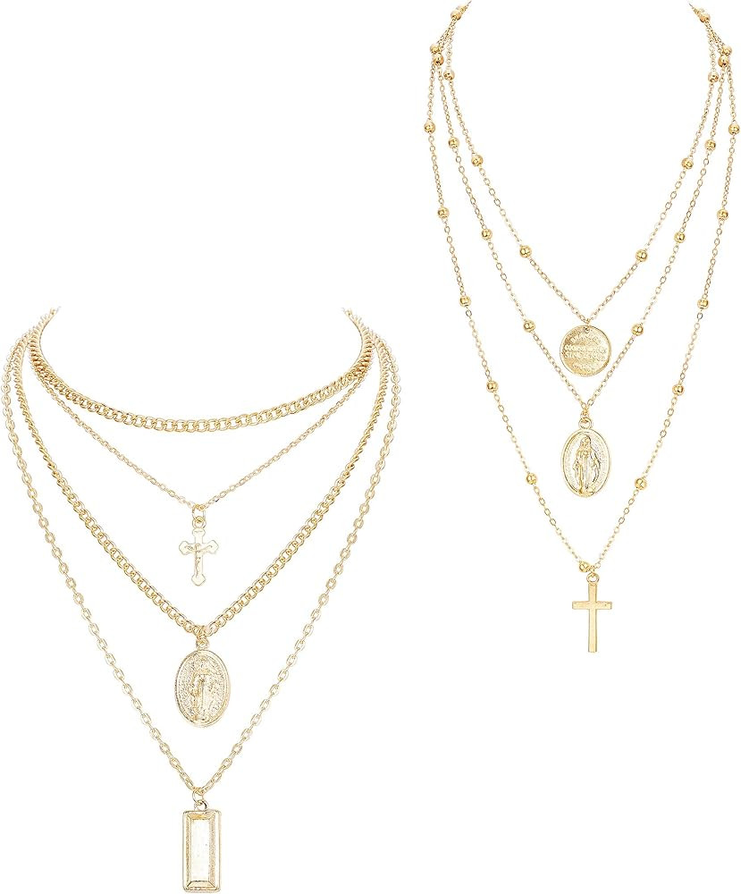 ORAZIO 2PCS Layered Choker Necklaces for Women Tag Coin Cross Crucifix Blessed Virgin Mary Pendan... | Amazon (US)