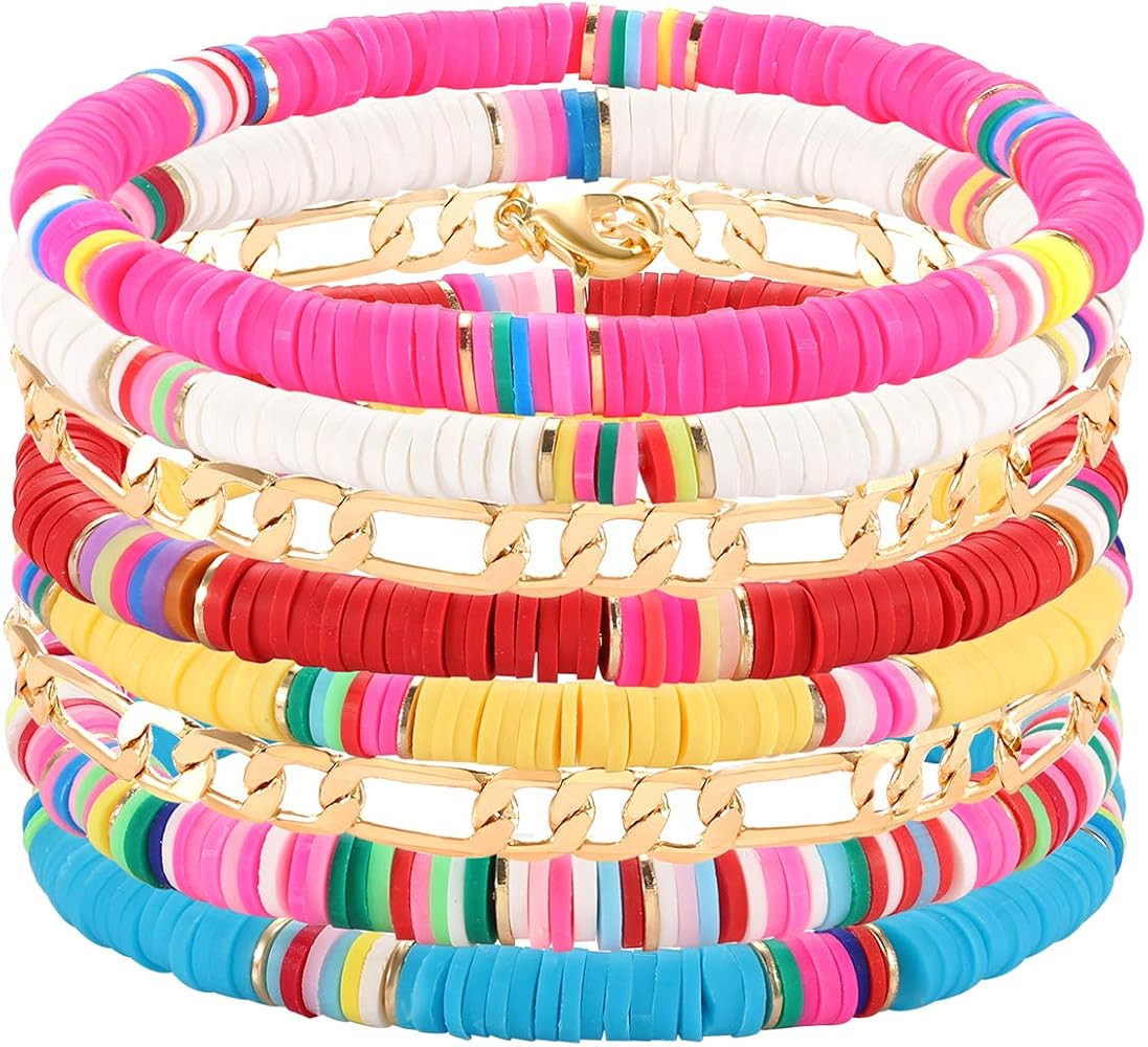 Heishi Bracelets Colorful Vinyl Disc Bead Stretch Bracelets for Women Stackable link Chain Bracel... | Amazon (US)