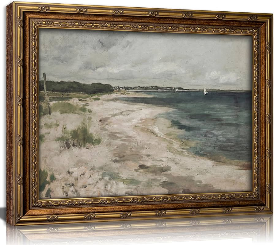 Vintage Gold Framed Coastal Canvas Wall Art Seaside Town Ocean Landscape Painting Picture Retro S... | Amazon (US)