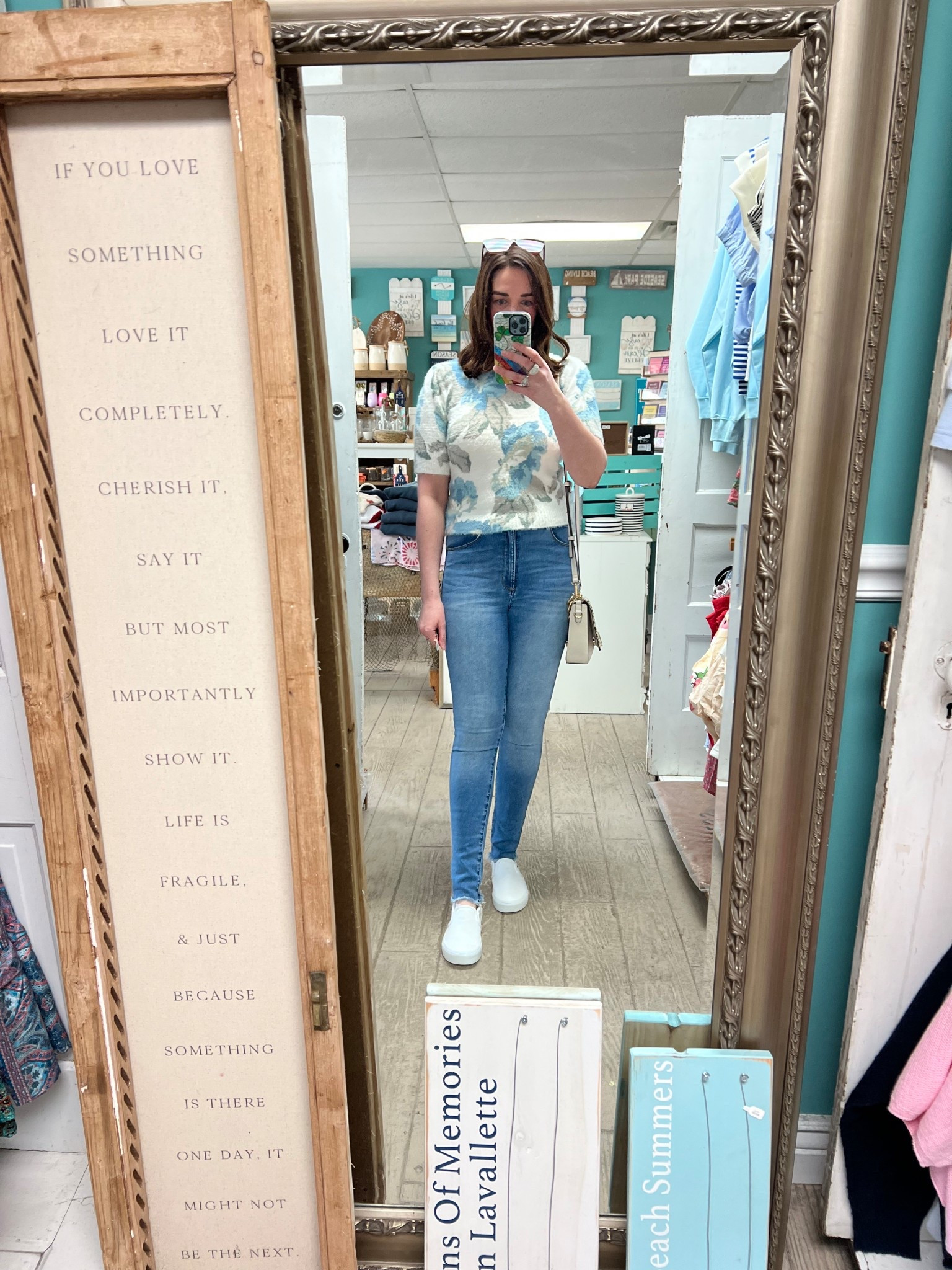 Blue floral fuzzy short sleeve sweater (xs). Dark wash mid rise skinny jeans (4). Gold and silver sneakers (8.5). #sweater #fuzzysweater #floralsweater #shortsleevesweater #skinnyjeans #midrisejeans #darkwashjeans #sneakers #goldsneakers 
spring outfits 2026 @tjmaxx  @Express @DSW 
spring outfits 2026

#LTKSeasonal #LTKootd