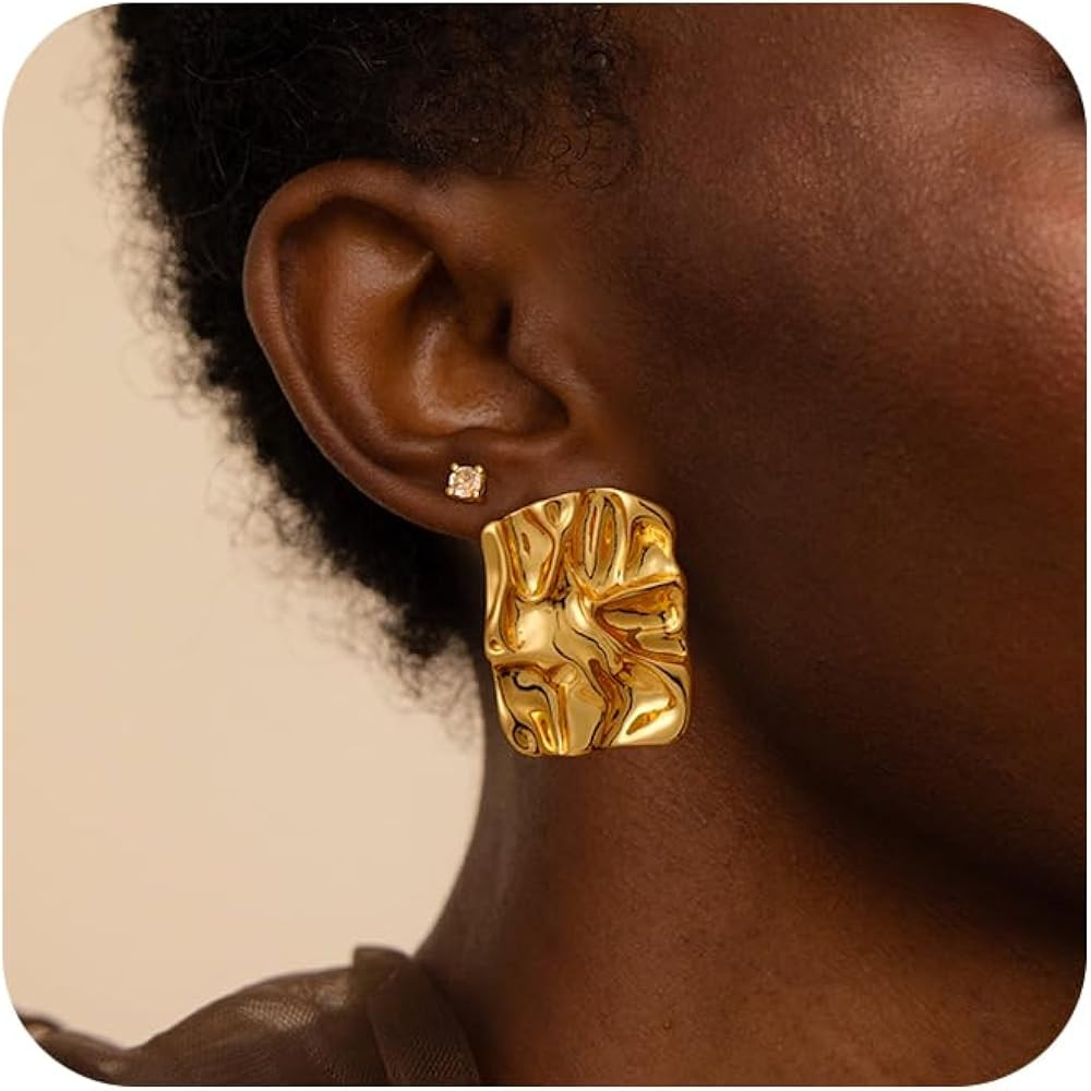 Gold Chunky Earrings for Women, Trendy Statement Earrings 14K Gold Plated Hypoallergenic Large Da... | Amazon (US)