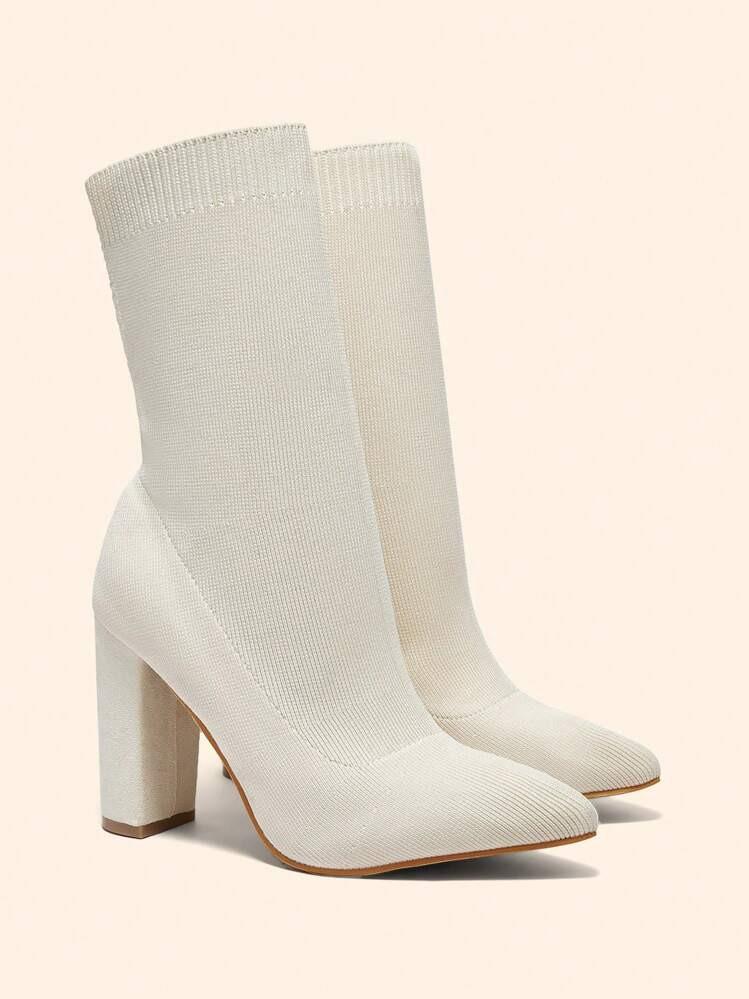 CUCCOO BASICS Pointed Toe Chunky High Heel Slip-On Knitted Women Boots For And Spring Shoes Spring Break Easter | SHEIN