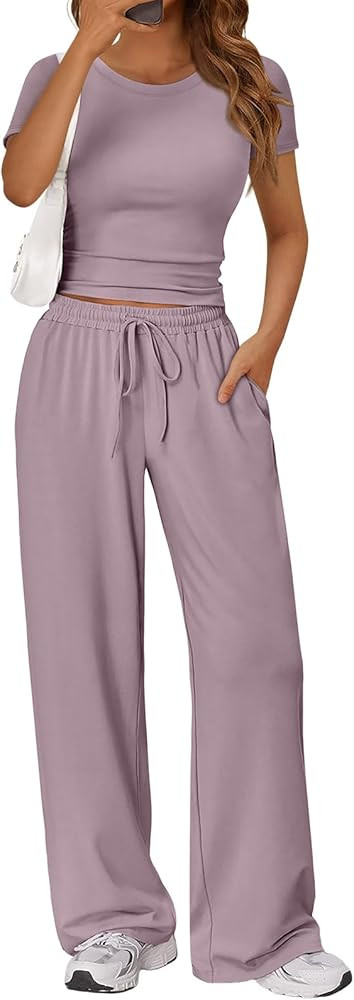 Trendy Queen 2 Piece Matching Summer Sweatsuit Lounge Set Womens Wide Leg Pants Side Ruching Crop... | Amazon (US)
