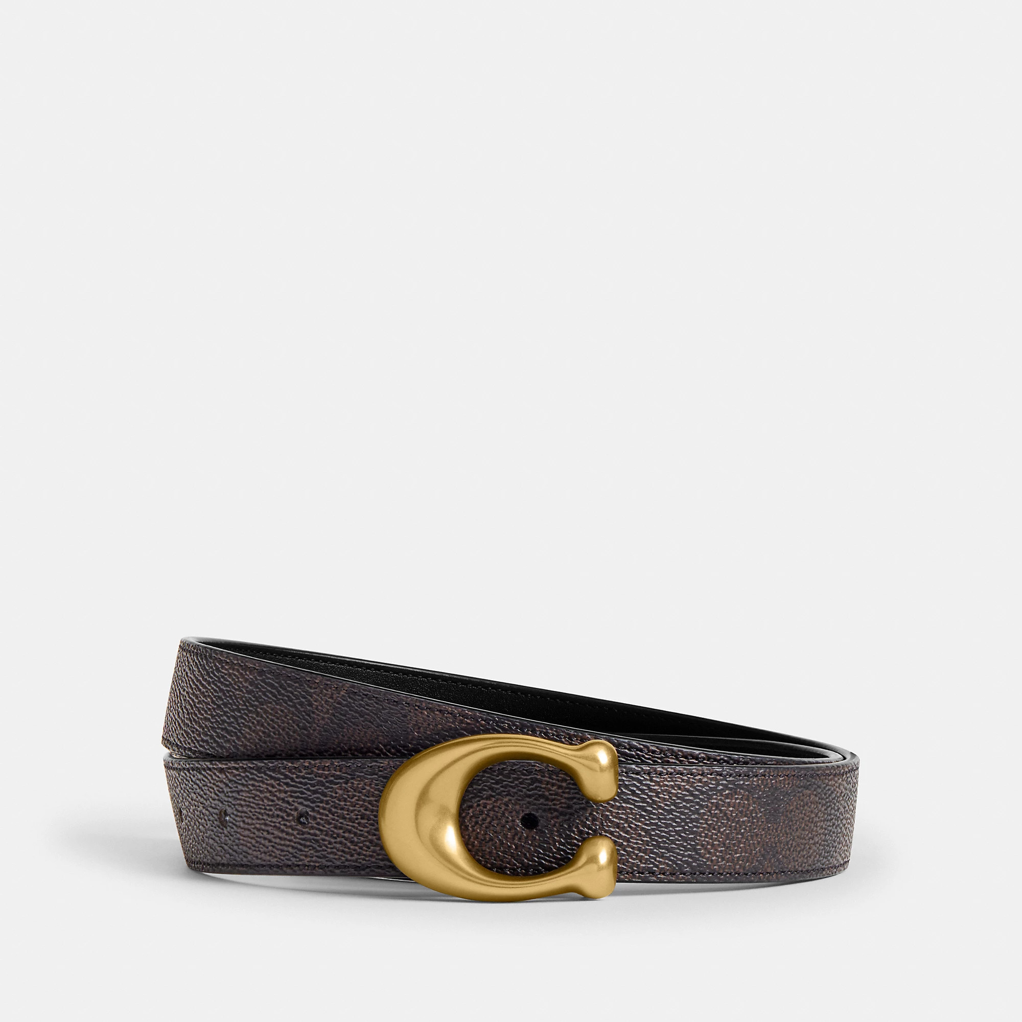 Coach Sculpted C Buckle Reversible Belt, 25MM - Women's Belts Size Medium - Brass/walnut Black | Coach (US)