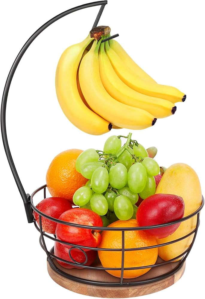 Livabber Countertop Fruit Basket Bowl with Banana Hanger, Modern Standing Fruit Vegetable Bowl St... | Amazon (US)