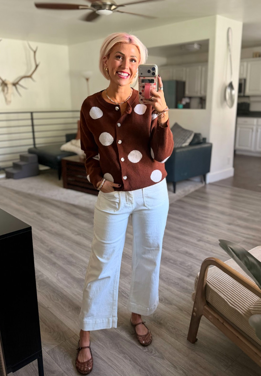 Loving my polka dot cardigan with these jeans! And the sweater is perfection! Cardigan: Small // Jeans: Medium // Shoes: TTS 

 #LTKootd #LTKSaleAlert