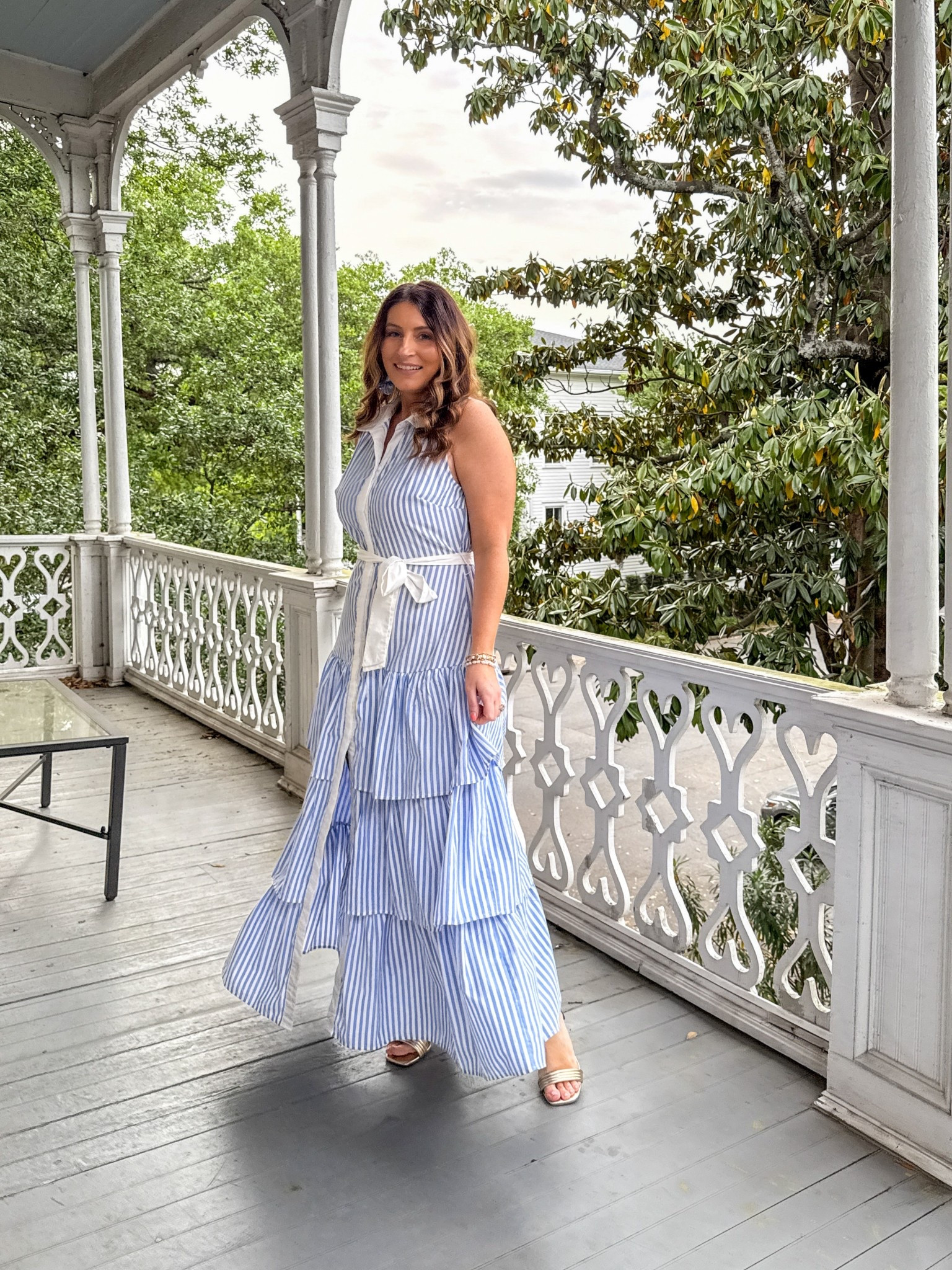 What wore in Savannah - blue and white striped ruffle maxi dress, gold heels 

#LTKFindsUnder50 #LTKStyleTip #LTKFindsUnder100
