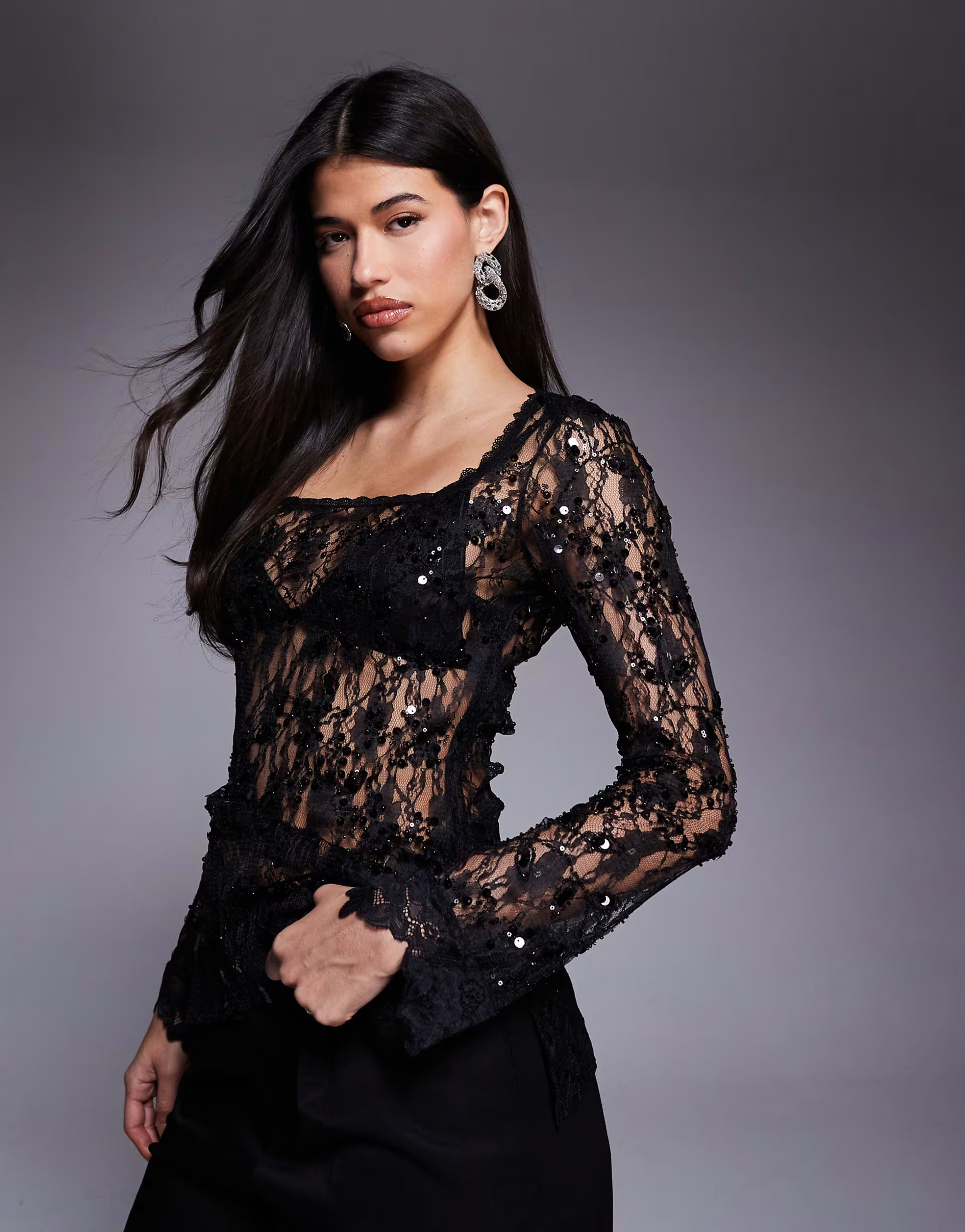 ASOS DESIGN delicate lace embellished square neck long line top in black | ASOS (Global)