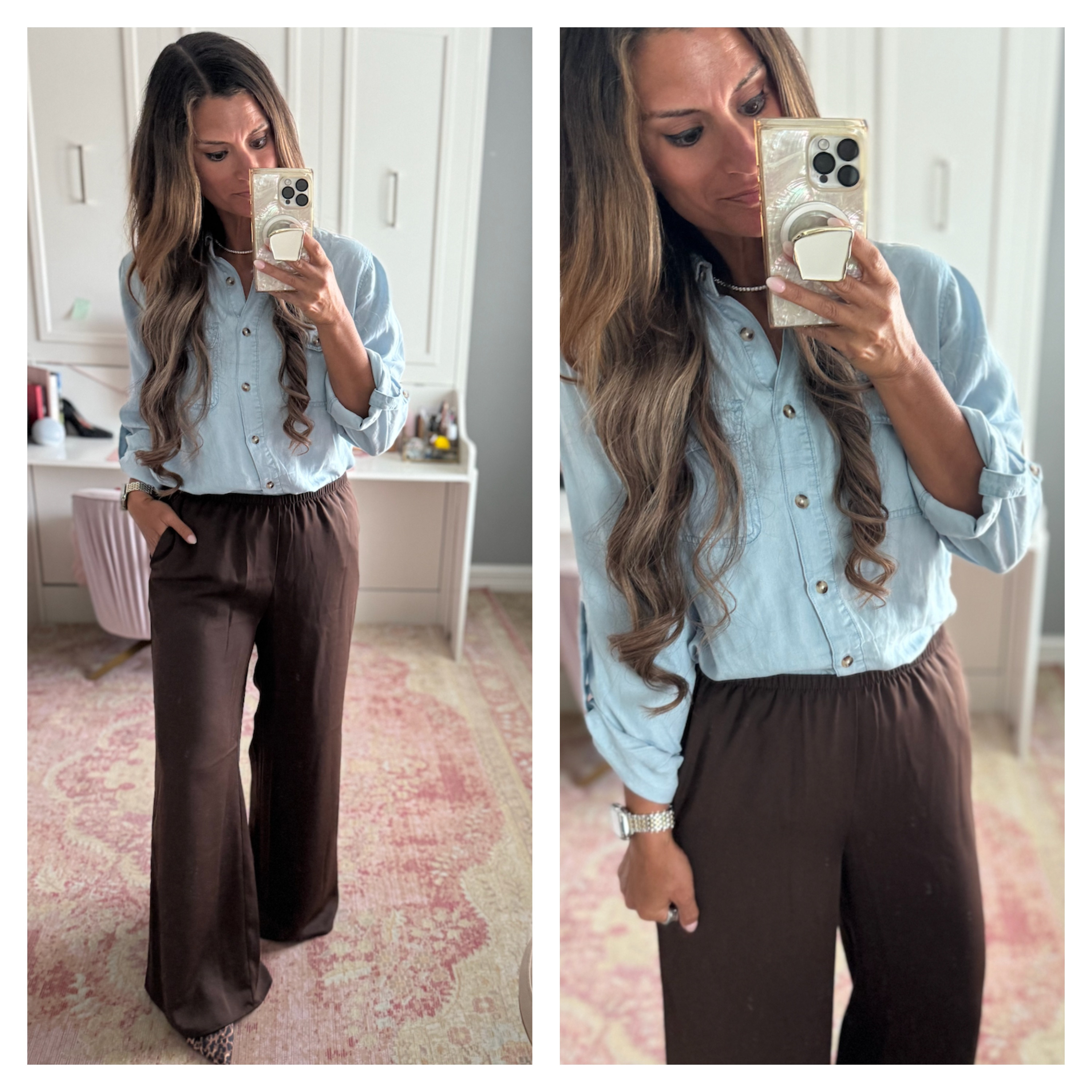 Work wear for fall with a chambray shirt and brown pants