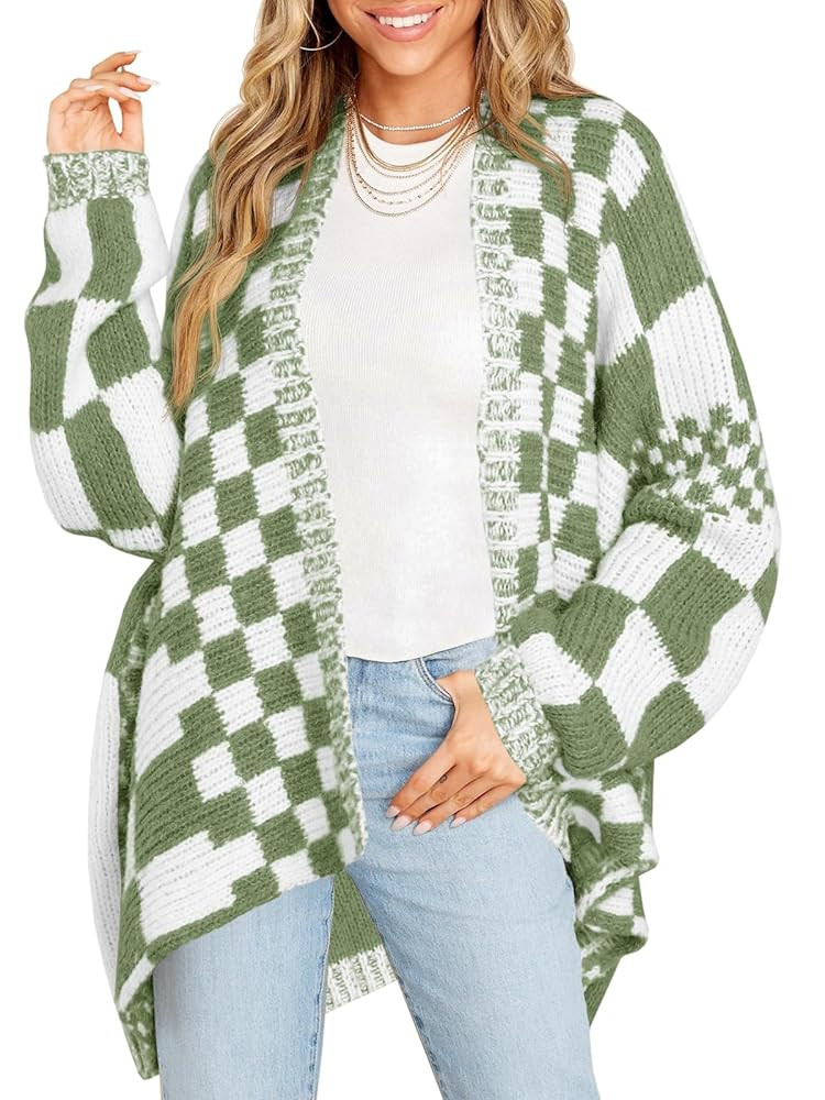 Saodimallsu Womens Checkered Sweater Color Block Plaid Cardigans Oversized Long Sleeve Knit Open ... | Amazon (US)