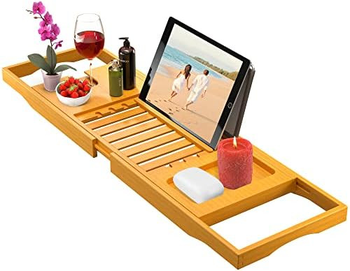 Premium Bamboo Bathtub Tray Caddy - Expandable Wooden Bathroom Tray - Adjustable Bathroom Tray fo... | Amazon (US)