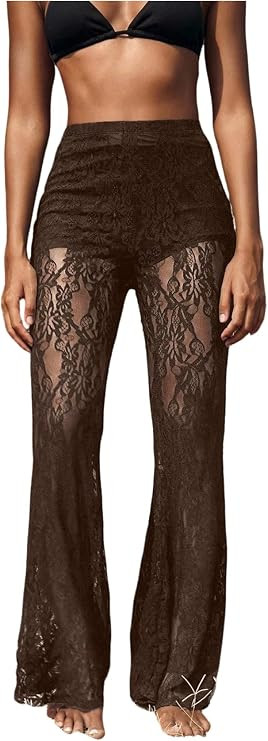 GORGLITTER Women's Lace Going Out Pants Flare Mesh High Waisted Sexy Sheer Bell Bottom Trousers L... | Amazon (US)