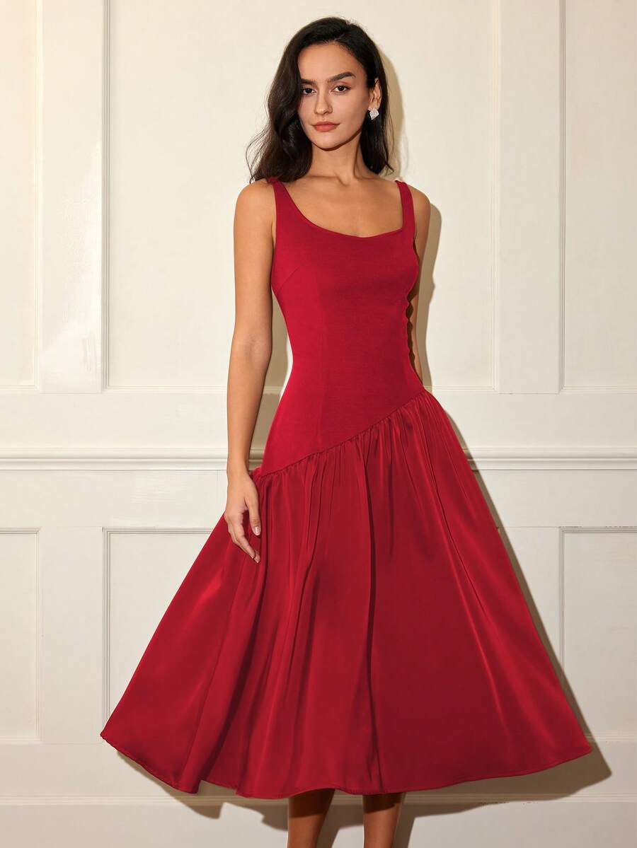 Women's Solid Color Sleeveless Dress, Fashionable And Elegant Casual Patchwork Dress, Old Money S... | SHEIN
