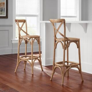 Mavery Patina Oak Finish Cross Back Bar Stool with Woven Rattan Seat | The Home Depot