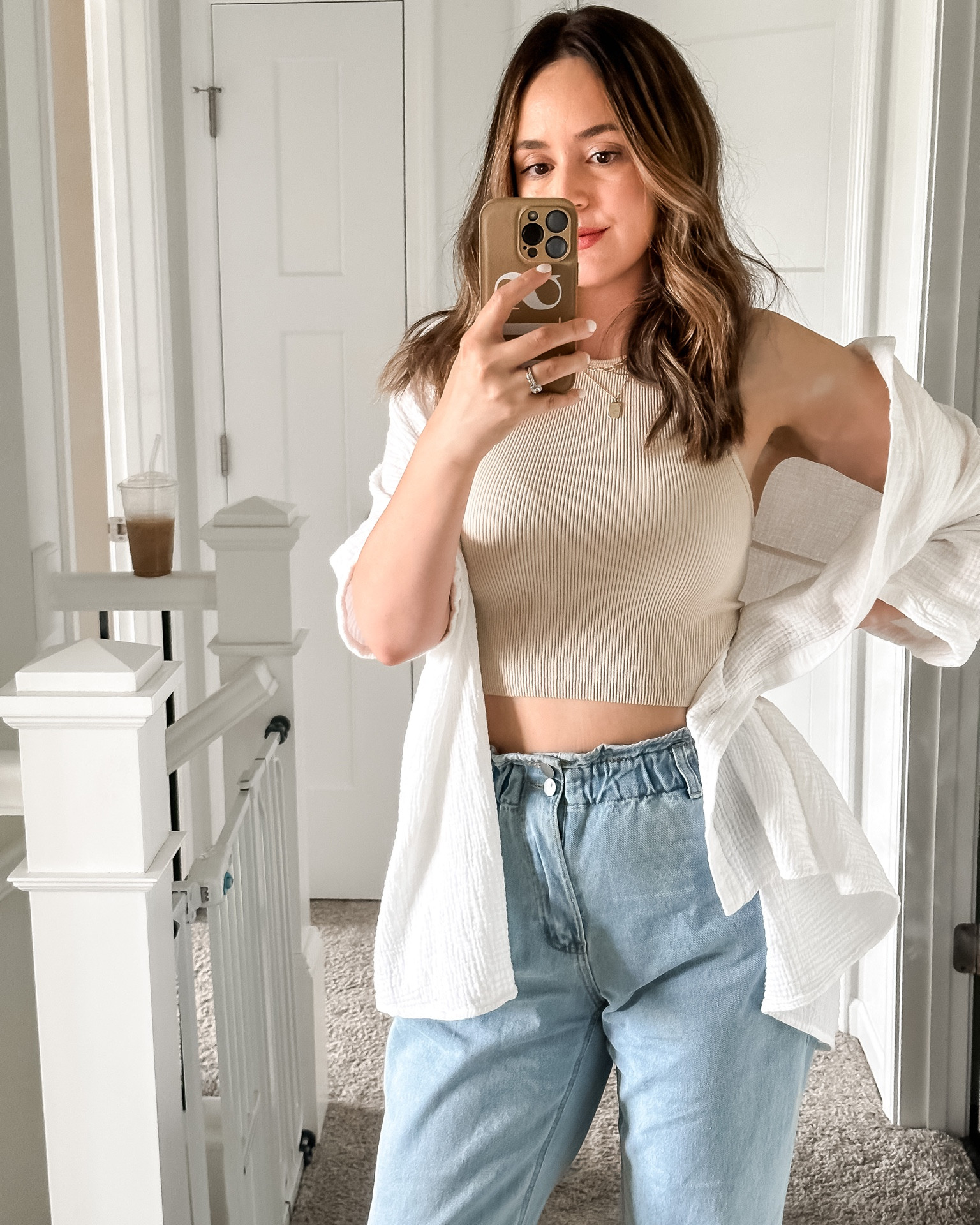 Spring outfit. White cardigan. Tan crop top. Jeans. Jean capris. Layered necklace. Summer outfit. Everyday wear. Casual wear. White button up. Tank top. 

#LTKunder50 #LTKFind #LTKstyletip