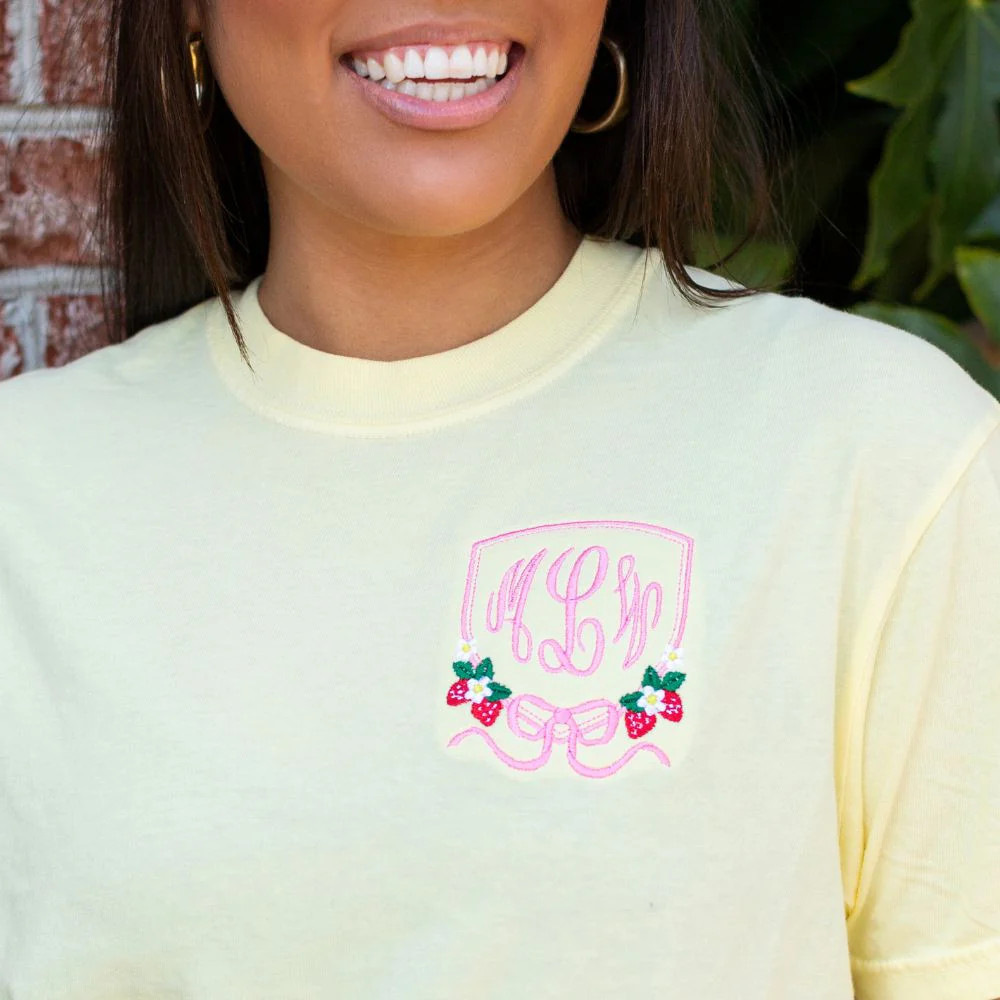 Monogrammed 'Strawberry Bow Crest' T-Shirt | United Monograms