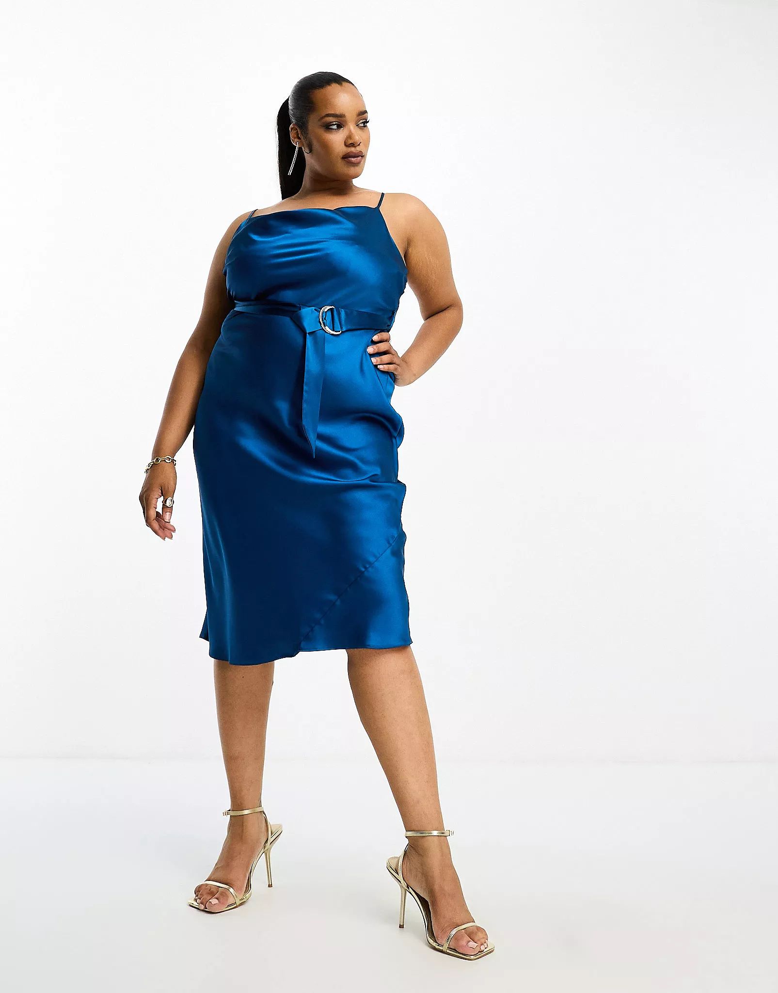 River Island Plus belted satin slip midi dress in blue | ASOS (Global)