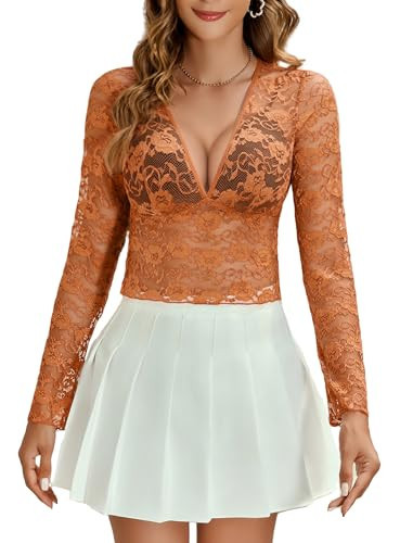 Avidlove Lace Tops for Women Mesh Long Sleeve Blouse Deep V Neck Floral Lace Top Orange Medium | Amazon (US)