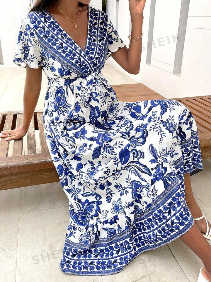 SHEIN Maternity Floral Print Surplice Neck Belted Dress | SHEIN