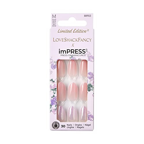 KISS LoveShackFancy x imPRESS Press-On Manicure Limited Edition, Style "Blushing Lavender" Medium Almond Pink Press-On Nails, Includes Prep Pad, Mini Nail File, Cuticle Stick, & 30 Fake Nails | Amazon (US)