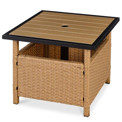 Wicker Rattan Patio Side Table Outdoor Furniture For Garden, Pool, Deck W/ Umbrella Hole - Natural | Wayfair North America
