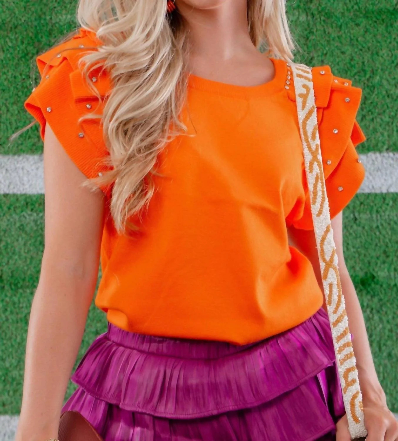 Rhinestone Ruffled Rib Knit Top In Orange | Shop Simon