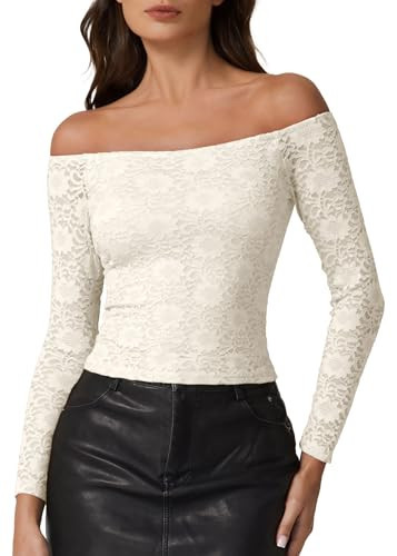 QINSEN Off Shoulder Tops for Women Long Sleeve Shirts Lace Double Layer Going Out Top Beige S | Amazon (US)