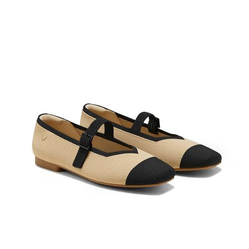 VIVAIA Margot Mary Jane Women Flat Shoes Comfortable Slip on Square-Toe Ballet Flats with Arch Support Washable Shoe Nude/Black Size 5.5-6 | Amazon (US)