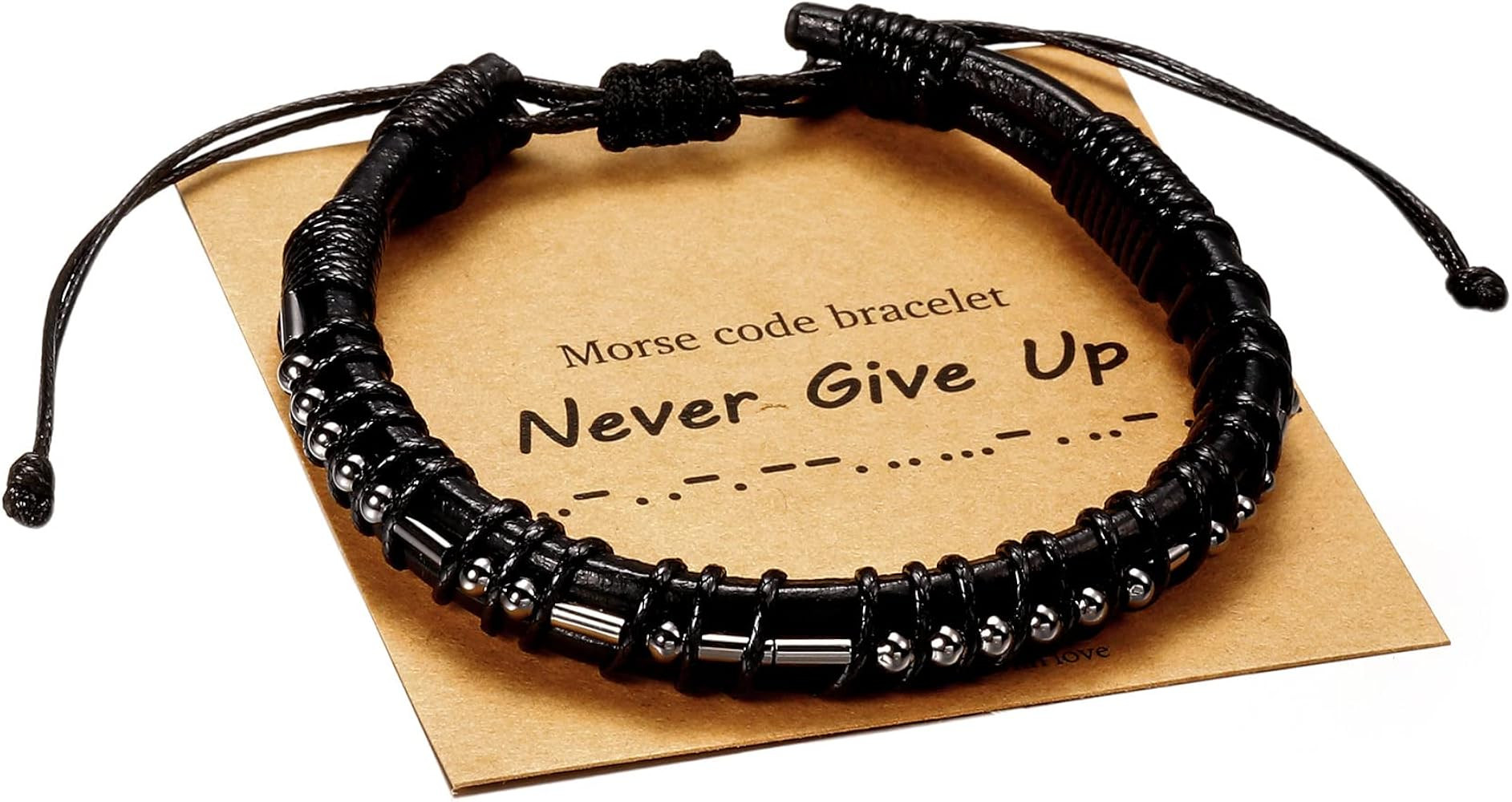 URSTAR Morse Code Bracelets Gifts for Men, Gunmetal Beads on Leather Bracelets for Mens Gifts Ins... | Amazon (US)