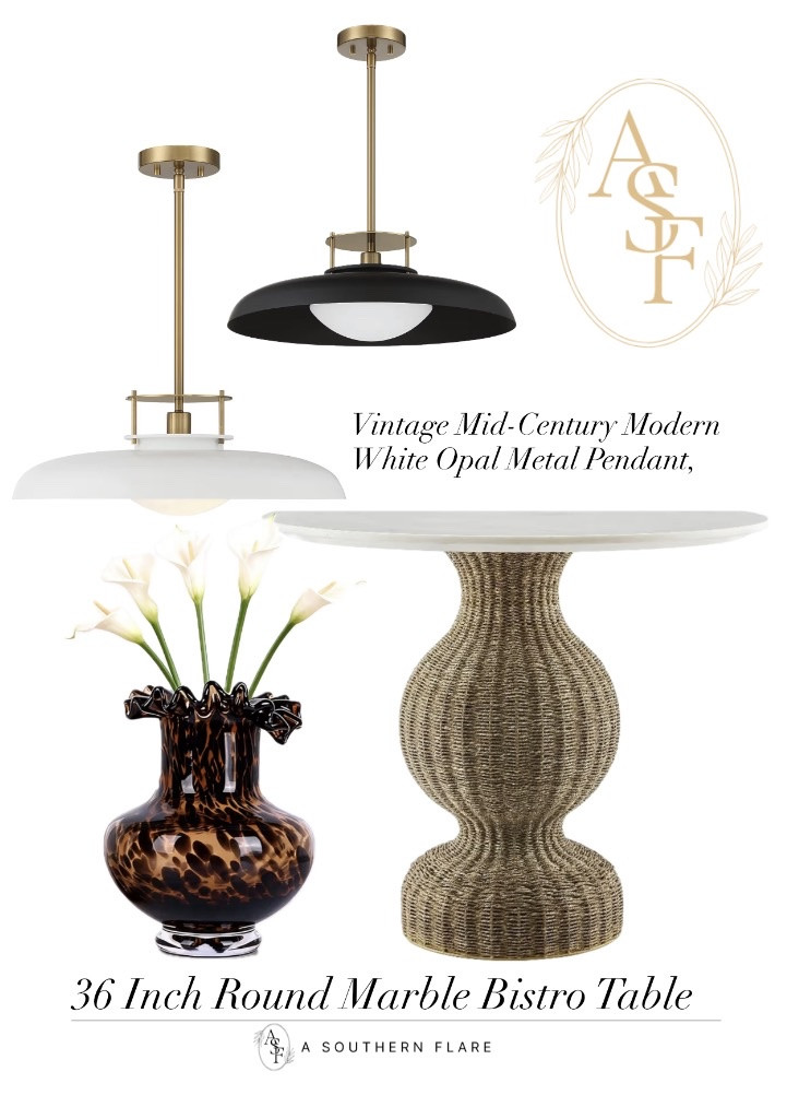 beautiful blend of organic coastal texture and sleek mid-
century modern design. Pendant Light:/ tortoiseshell vase/ Rattan Table