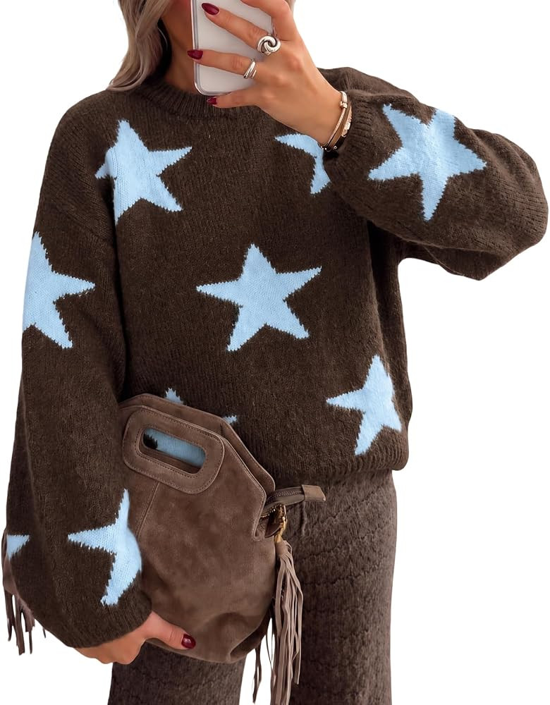 Cicy Bell Women Star Pattern Pullover Sweater Crew Neck Long Sleeve Sweater | Amazon (US)