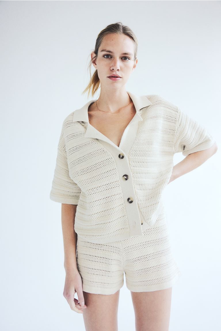 Pointelle-knit shirt - Light beige - Ladies | H&M GB | H&M (UK, MY, IN, SG, PH, TW, HK)