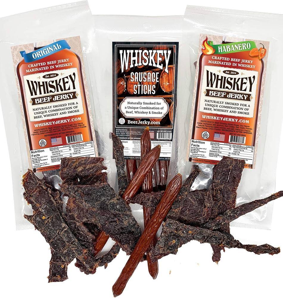 BeerJerky.com, Beef Jerky Marinated in Whiskey and Sausage Sticks Marinated in Whiskey, Variety 3... | Amazon (US)