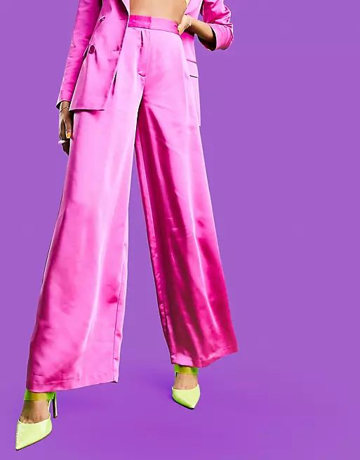 ASOS DESIGN wide satin suit pants in pink | ASOS (Global)