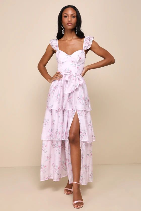 Sweetest Emotion Lilac Floral Ruffled Tiered Bustier Midi Dress | Lulus