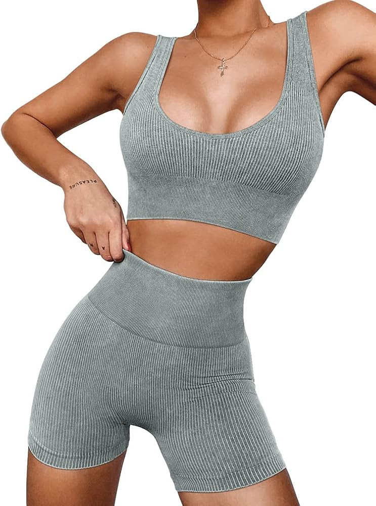OQQ Athletic 2 Piece Outfit for Women Ribbed Acid Wash Seamless High Waist Shorts With Tank Top E... | Amazon (US)