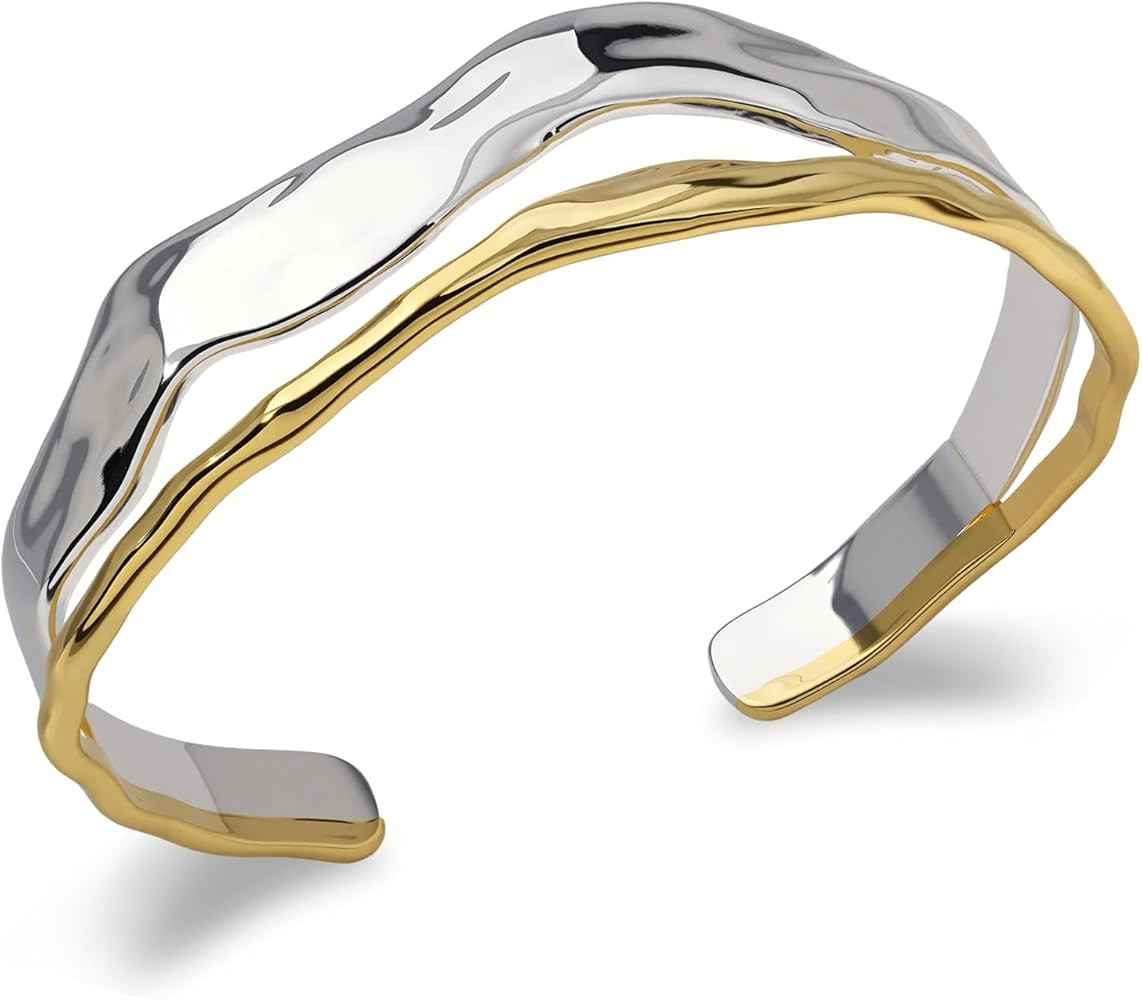 Chunky Gold and Silver Cuff Bracelets Sterling Silver Two Tone Open Bangles Double Layer Irregula... | Amazon (US)