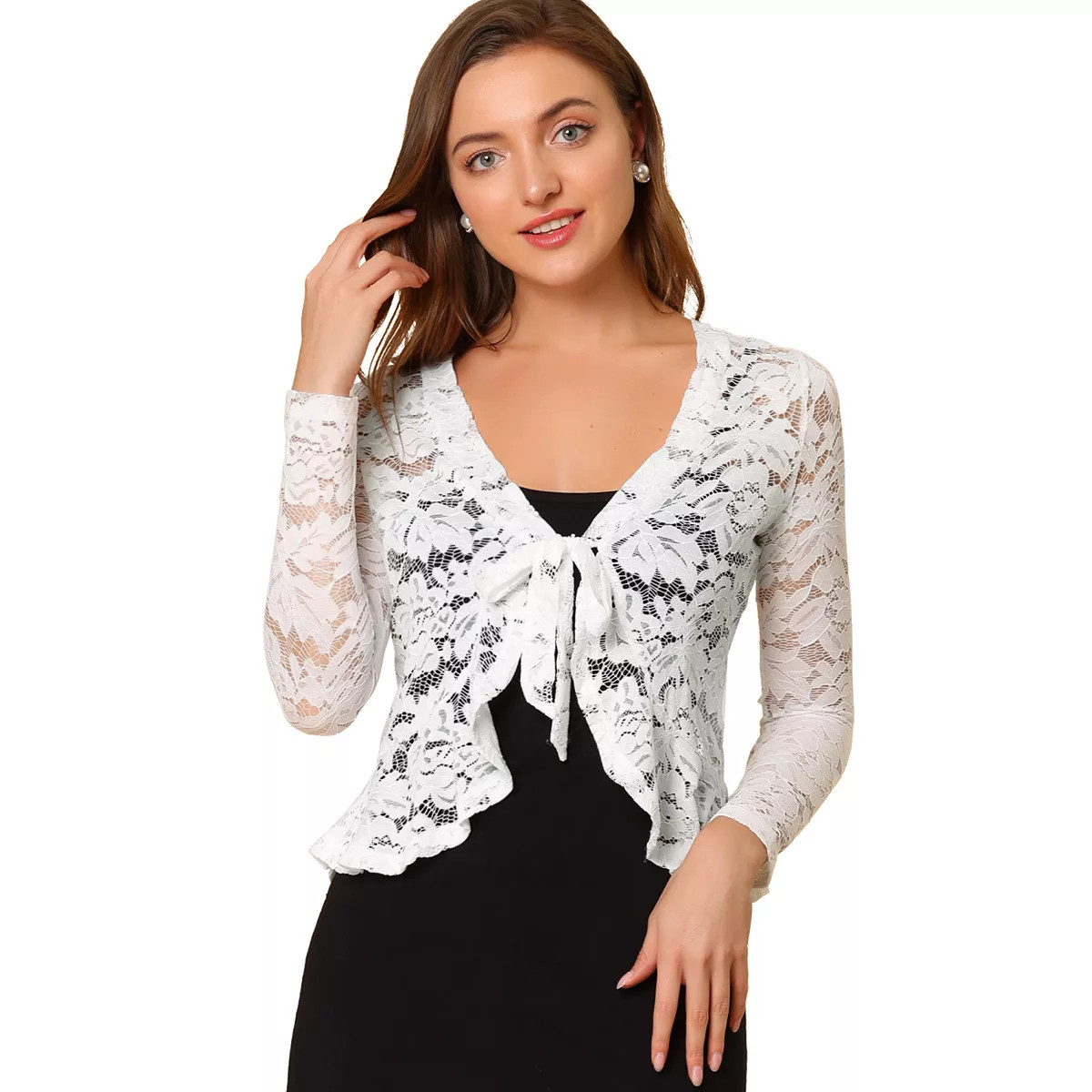 Women's Tie Front Crop Cardigan Ruffled Hem Floral Lace Sheer Shrug | Kohl's