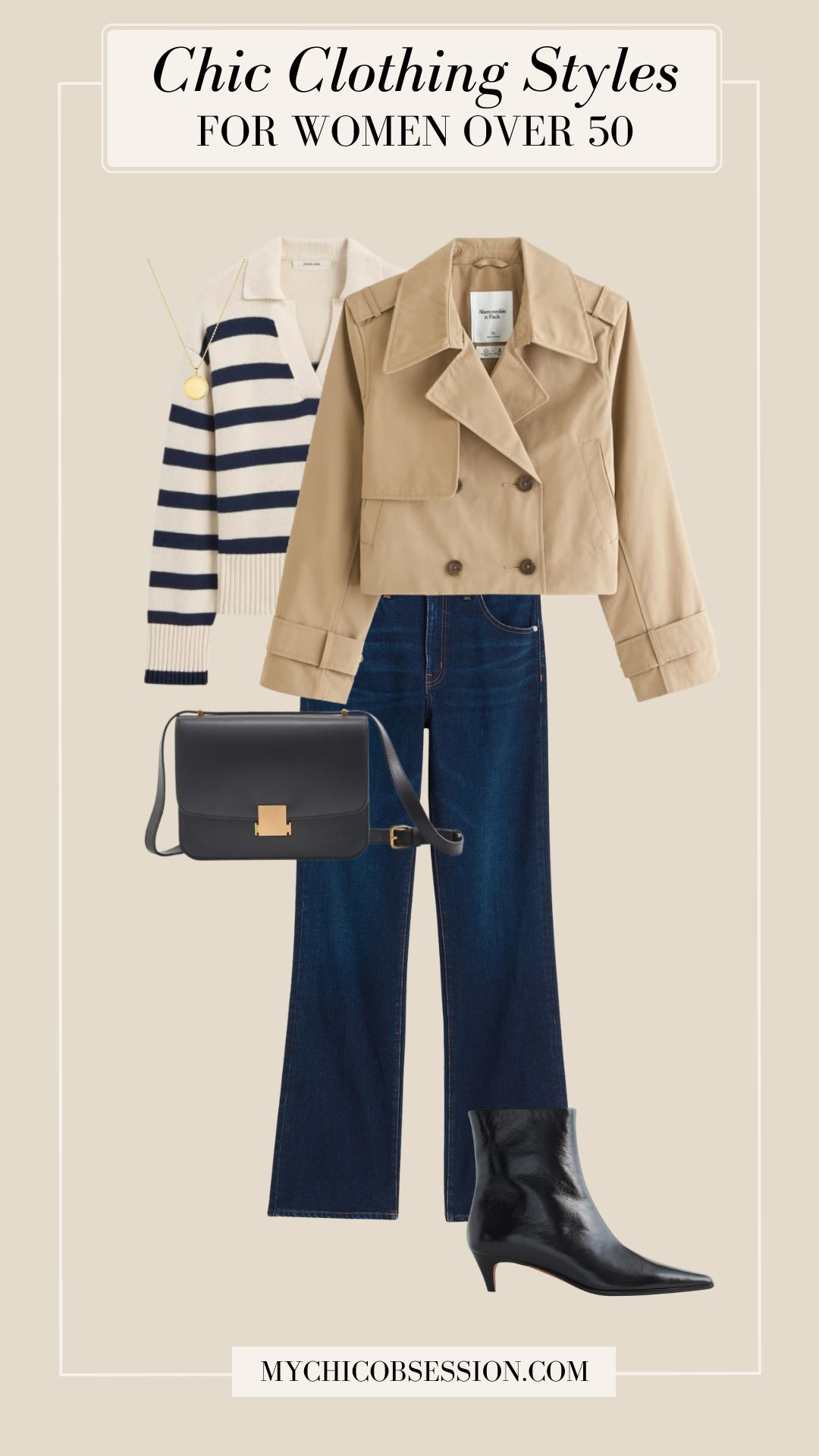 If you want to style a casual chic look over 50, try styling a cropped trench coat and jeans! Add a striped sweater, a gold pendant, a structured handbag, and ankle boots to complete the look.  

 #LTKSeasonal #LTKOver40