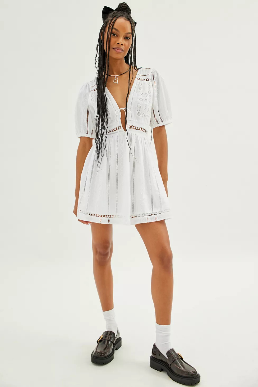 UO Marlee Eyelet Puff Sleeve Mini Dress | Urban Outfitters (US and RoW)