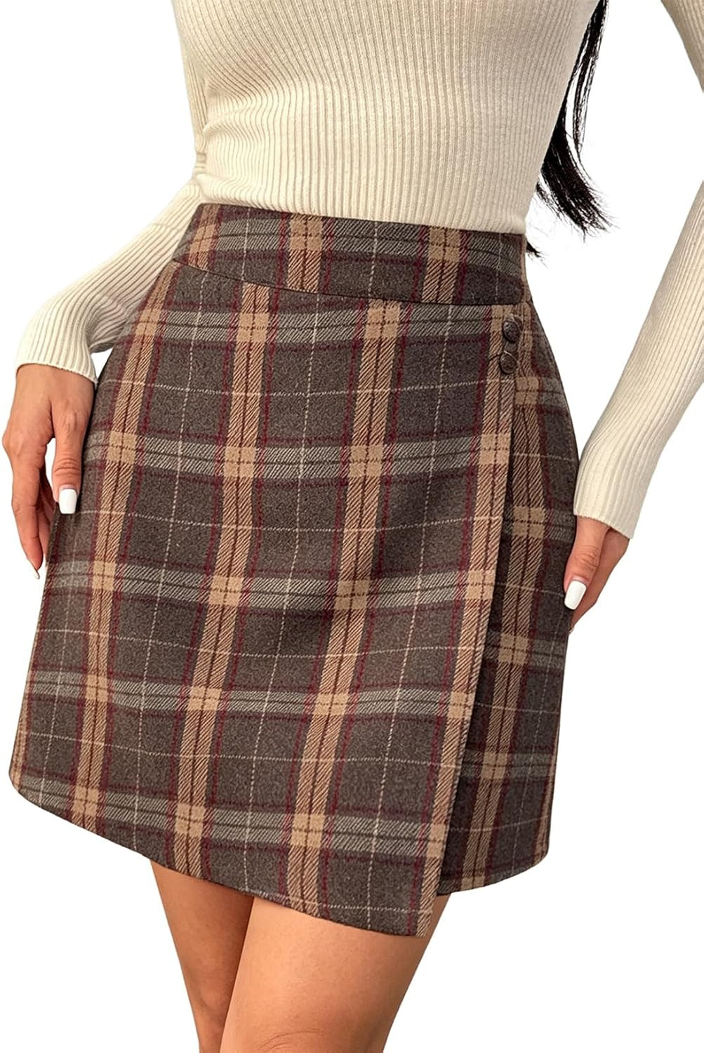 Pink Queen Plaid Skirts for Women with Pockets Button Decor Wrap Hem | Amazon (US)