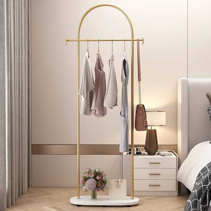 Gold Clothing Rack, Modern Clothes Rack with Shelf, Heavy Duty Freestanding Coat Rack, Metal Coat... | Amazon (US)