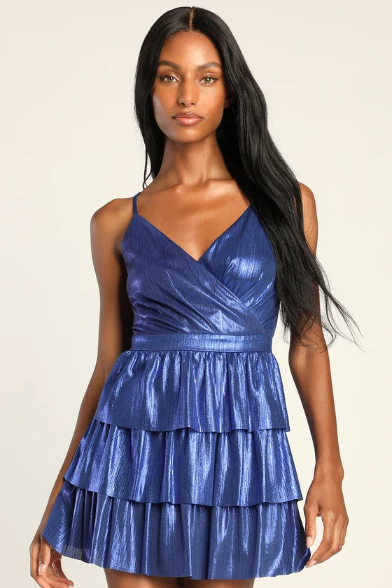 Tier to Party Blue Shiny Sleeveless Tiered Mini Dress | Lulus (US)