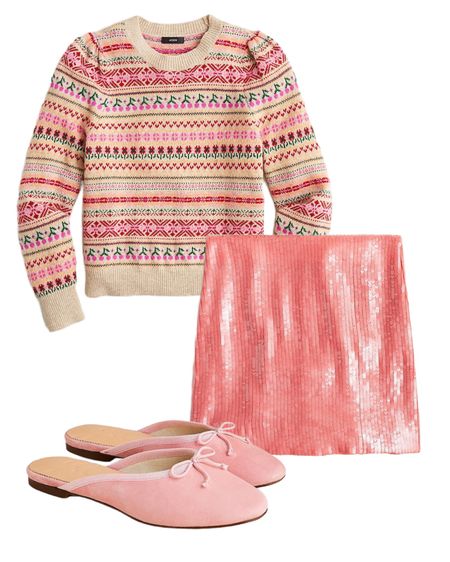 Pink fair isle sweater with pink sequin skirt. Girly winter outfit from J. Crew  

#LTKHoliday #LTKSeasonal