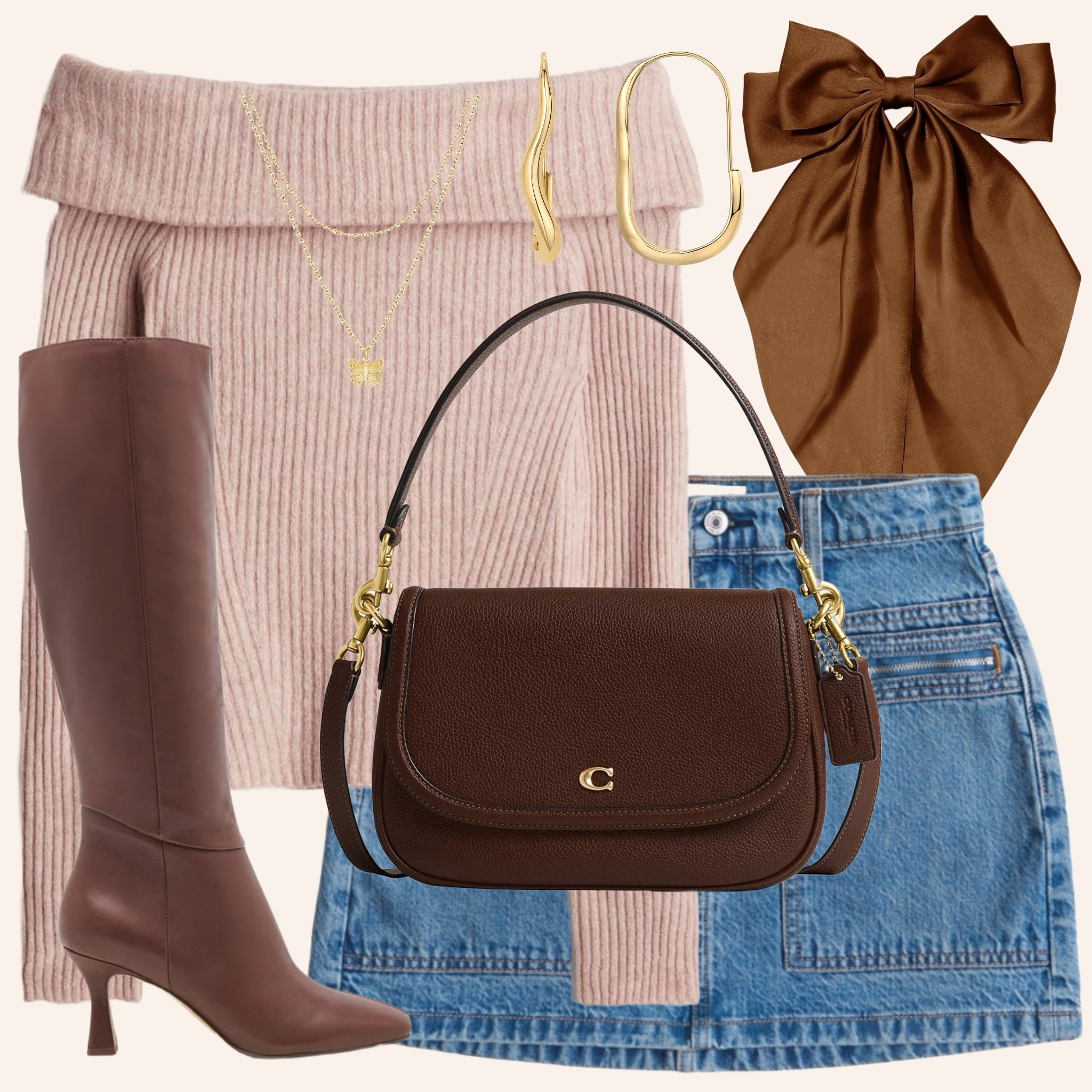 Cute aesthetic pink fall outfit inspo featuring accessories from Amazon🩰☕️🍂🤍

 #falloutfit #offshouldersweater #amazonfashionfind #hmfall #denimskirt#LTKBacktoSchool

#LTKStyleTip #LTKSeasonal