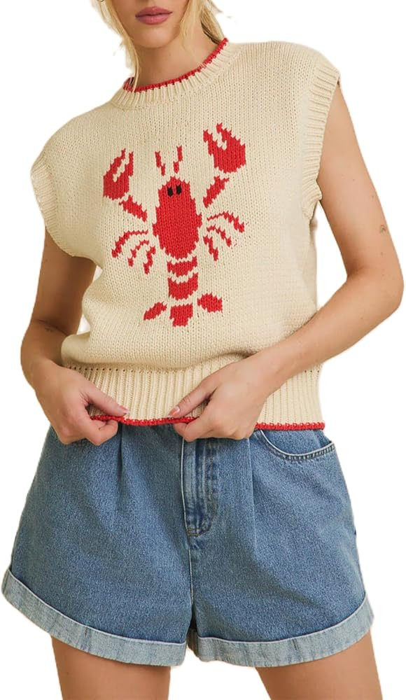 Yuemengxuan Women Graphic Sweater Vest Y2k Cap Sleeve Tops Lobster Print Knit Tank Tops Lightweig... | Amazon (US)
